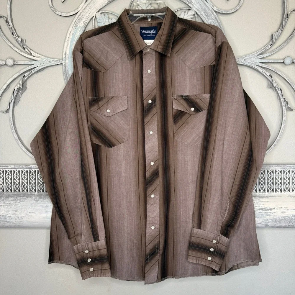 Vintage Wrangler Western Shirts Mens XL Tan Brown Stripe Long Sleeve Button Down